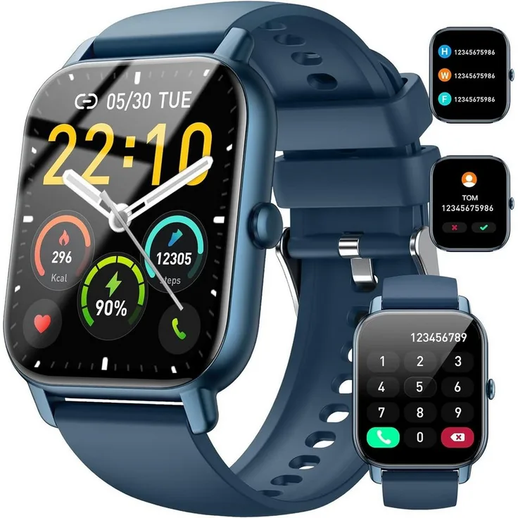 JUNG Nerunsa Smartwatch Damen & Herren Fitnessuhr, 1,85 Zoll, Bluetooth, 100+ Trainingsmodi, Android/iOS, Wasserdicht, Schwarz