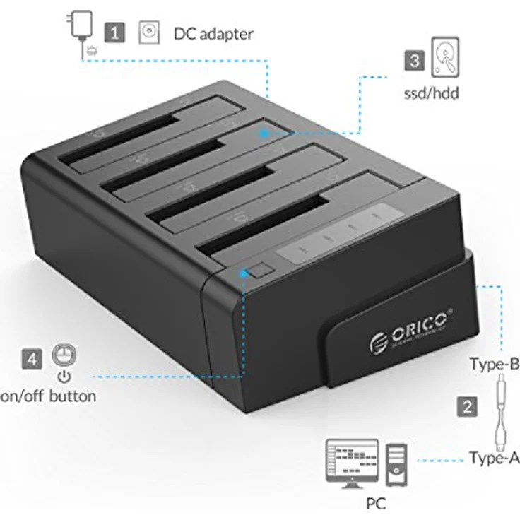 ORICO 6648US3-C, USB 3.0 zu SATA Offline Klon Festplatten Dockingstation, 4-Steckplatz für 2,5 und 3,5 Zoll SATA HDD/SSD bis zu 4x 16TB, mit 12V 6.5A Netzteil – Bild 5