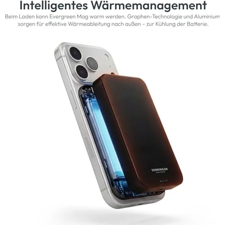VONMÄHLEN Evergreen Mag 10.000 mAh Qi2-Powerbank – kabelloses 15W Laden, MagSafe-kompatibel, 20W USB-C Power Delivery, nur 14,3 mm dünn – Schwarz – Bild 3