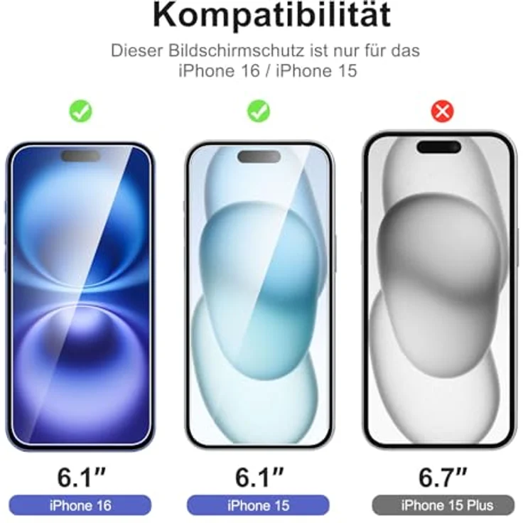 NEW'C Panzerglas für iPhone 16/15, 3 Stück, 9H Härte, HD, ultra-klar, kratzfest, 6,1 Zoll, einfaches Installationswerkzeug enthalten – Bild 2