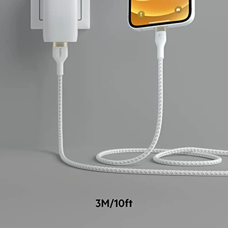 Belkin BoostCharge Pro Flex geflochtenes USB-A/Lightning-Kabel, 2 m, MFi-zertifiziertes Ladekabel für iPhone 14/14 Plus, 13, 12, Pro, Max, mini, SE, iPad und andere Geräte – Weiß – Bild 2