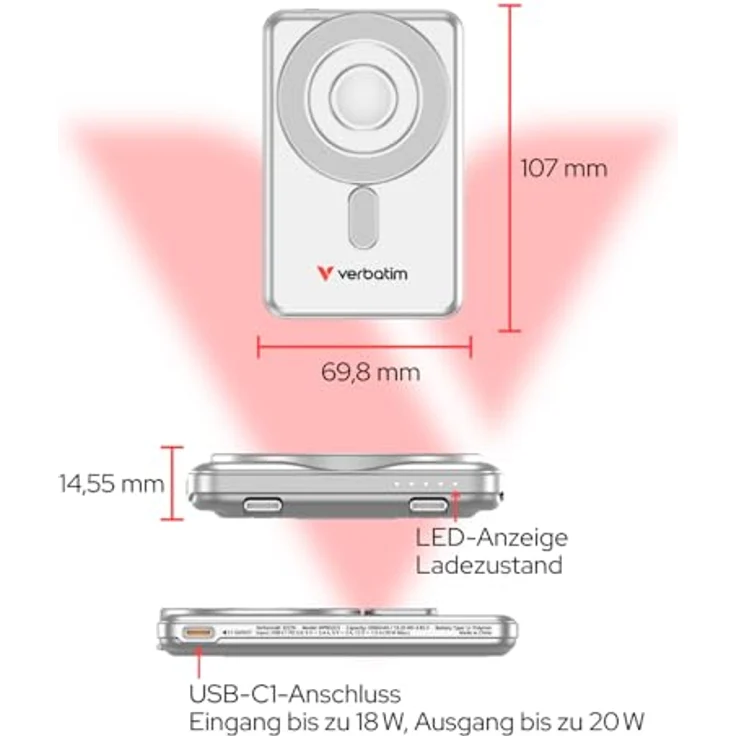 Verbatim Charge 'n' Go 2C, Powerbank mit 5000mAh, kabelloses Laden, 20W, Silber – Bild 5