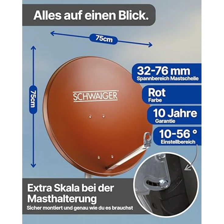 Schwaiger Satellitenanlage Set Ziegelrot Aluminium 80 cm, Offset Antenne mit Digital Quad LNB4 und 4 Teilnehmer-SAT-Anlage – Bild 6