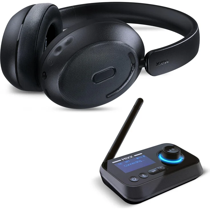 Mixx StreamQ TV Kopfhörer + StreamPort, kabelgebundene Over-Ear Kopfhörer mit 3D-Surround-Sound, 40 h Akkulaufzeit, Schwarz