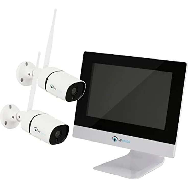 LUVISION WLAN Funk Überwachungskamera Set - Überwachungssystem mit Monitor HDD-Rekorder & Cloud Speicher 2 IP Kameras & App
