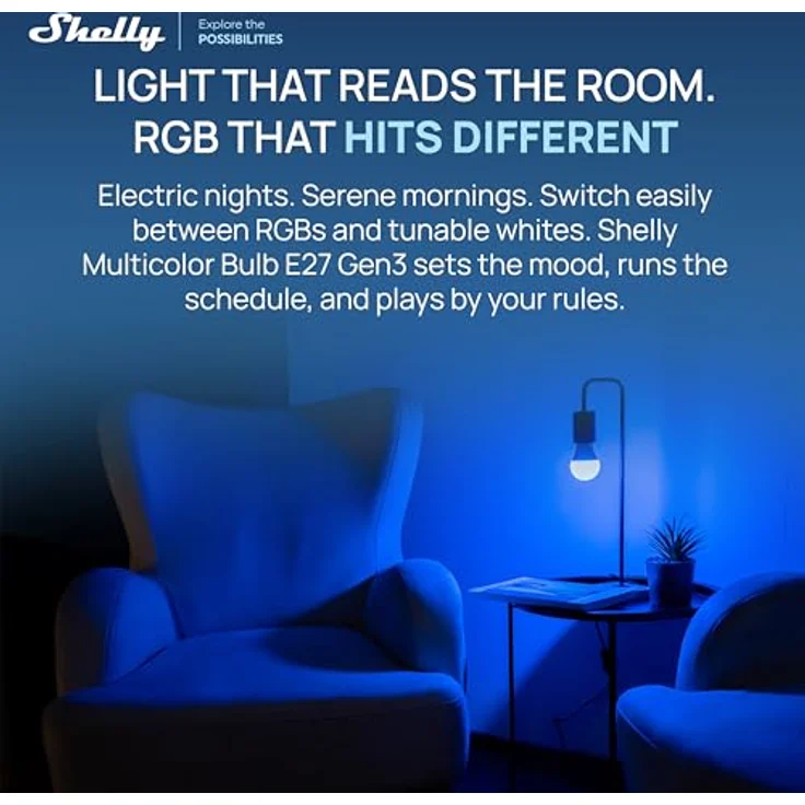 Shelly Multicolor Bulb E27 Gen3, WLAN Smart LED Glühbirne mit RGBW, 9W, 800lm, 16 Millionen Farben, dimmbar, Sicherheitsmodus, Sprachsteuerung, kein Hub erforderlich – Bild 2