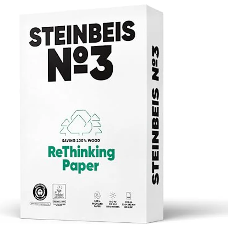 Steinbeis No. 3 Druckerpapier – DIN A4 Recycling-Papier 80 g/m², Weiß & Chlorfrei, 2500 Blatt hochwertiges Kopierpapier ISO 90 / CIE 110