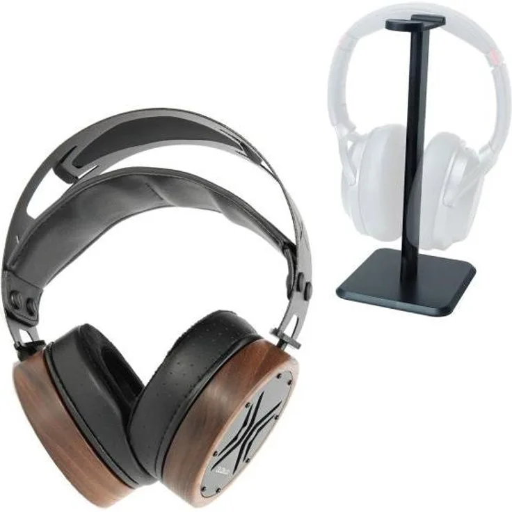 OLLO Audio Kopfhörer X1 1.0, Offene Bauweise mit Tisch-Stativ, Kalibrierung USC II, Walnussholz und Edelstahl, Schwarz/Braun