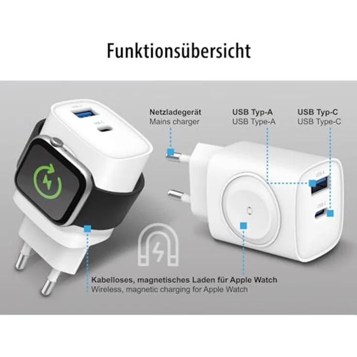 Eaxus 3in1 Netzeil mit USB-C und USB-A, magnetische Aufladestation für Apple Watch, 22W Schnellladung, kompakt und reisetauglich – Bild 4