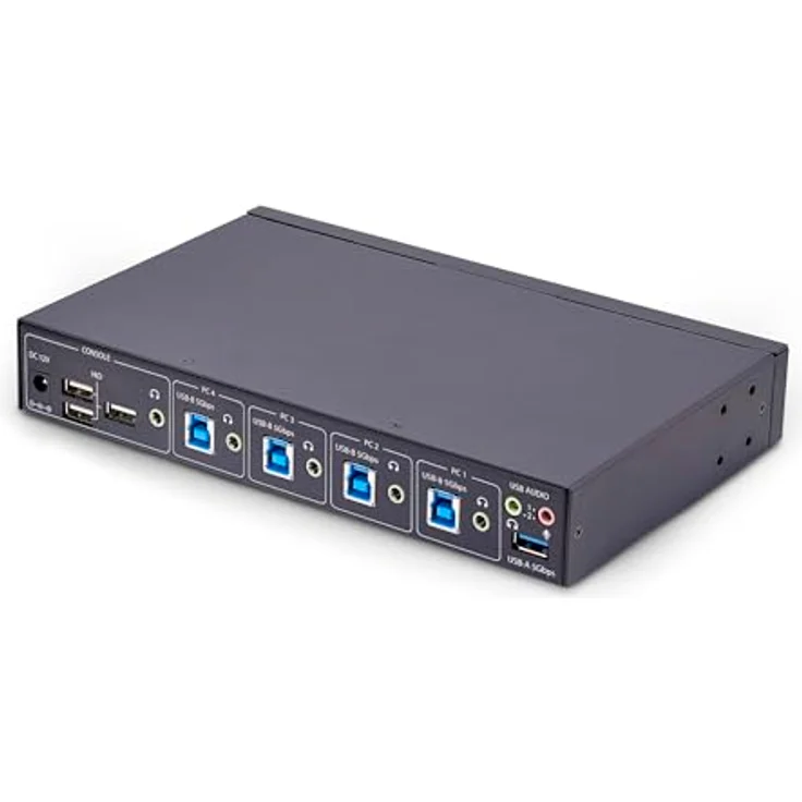 StarTech.com 4-Port KM Switch mit Maus-Roaming, USB 3.0 Umschalter, Tastatur und Maus Switch, 3,5mm/USB Audio, TAA Konform, Schwarz – Bild 2