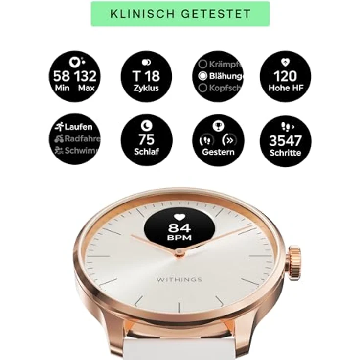 Withings ScanWatch Light, Hybrid-Smartwatch, 24-Stunden-Überwachung der Herz-Kreislauf-Gesundheit, Menstruationszyklus-Tracker, Schlaf- und Aktivitätstracker, 30 Tage Batterie, kompatibel mit Android, Rosegold – Bild 2