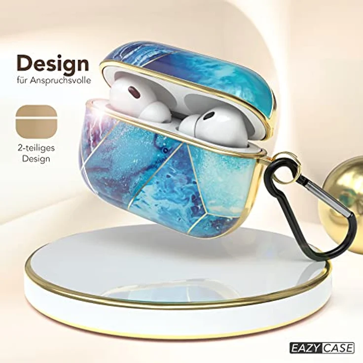 EAZY CASE Schutzhülle für AirPods Pro 2 Hülle Blau - Stoßfest mit Karabiner - Antikratz Etui - Rutschfest - Hardcase für Airpod Pro 2. Generation in Hellblau Marmor – Bild 2
