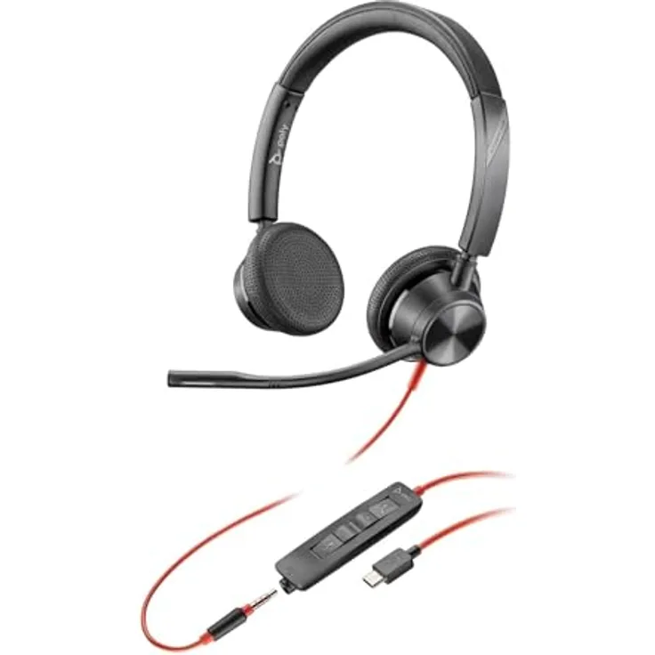 Poly Blackwire 3325, Schnurgebundenes Headset mit flexiblem Mikrofonarm, Hi-Fi-Stereo, USB-C/USB-A/3,5 mm, kompatibel mit Teams und Zoom