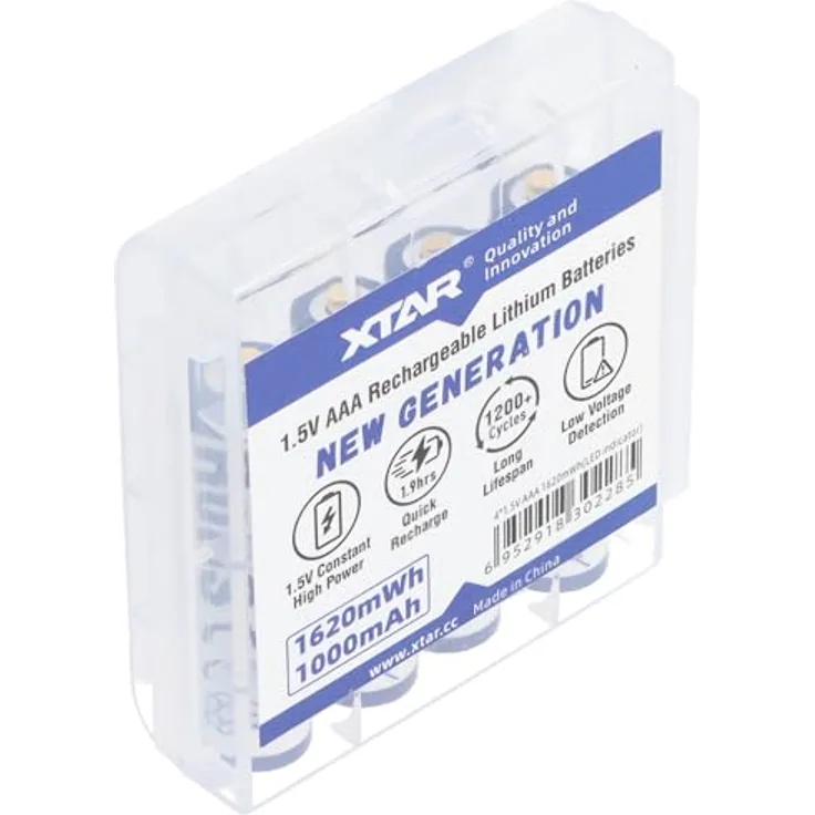 XTAR AAA Micro LR03, 4er Set Li-Ion Akkus 1,5V, 1000mAh mit LED-Indikator und Aufbewahrungsbox
