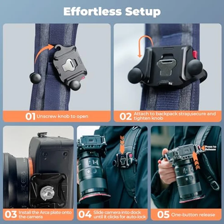 FREEWELL Rucksack-Schnellspannklemme - Universalhalterung für DSLR und spiegellose Kameras, leichter Aluminiumclip mit Dual-Sicherheitsschlössern, bis 15 kg Tragfähigkeit – Bild 5