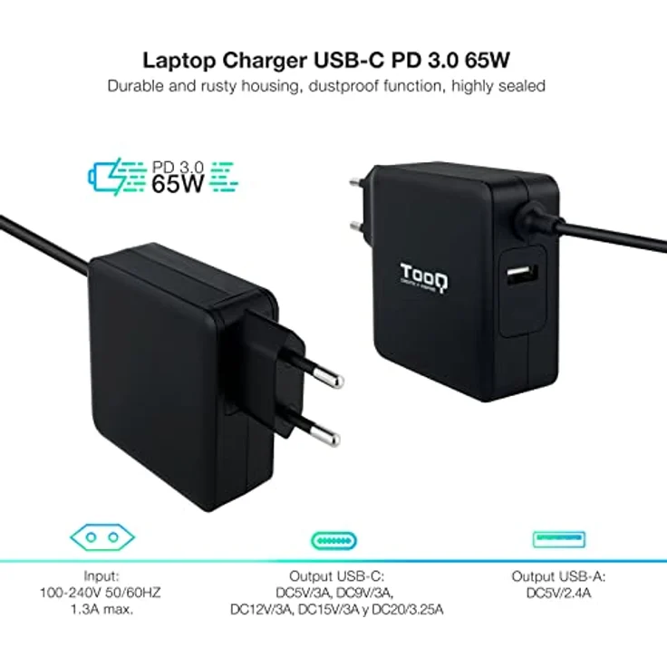 Tooq Technology CARGADOR PORTATIL USB-C PD3.0 65W, kompaktes USB Ladegerät für Laptops, schwarz, 1,8 m Kabellänge – Bild 2