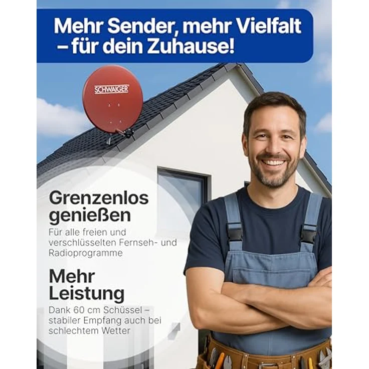 SCHWAIGER Satellitenschüssel Komplettset Ø 60 cm, Stahl Offset Antenne in Rot, inkl. Twin LNB für Digital HD & 4K Empfang, hitzebeständig & wetterfest, für 2 Teilnehmer – Bild 2