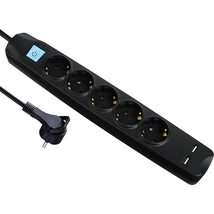 Maxtrack Steckdosenleiste, 5-fach mit 3 m Kabel, flacher Stecker und 2xUSB Ladebuchsen, mit Kabelbinderfixierung – Bild 1