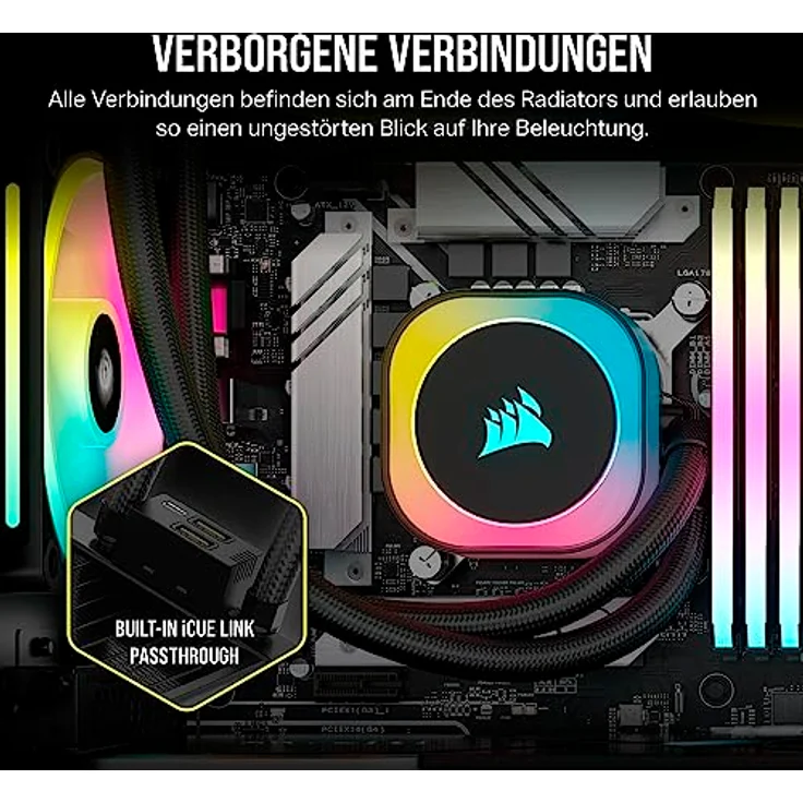 CORSAIR iCUE LINK H100i RGB Flüssig-CPU-Kühler - 240mm AIO - QX120 RGB-Lüfter - Passend Für Intel® LGA 1700, AMD® AM5 - iCUE LINK System Hub Enthalten - Schwarz – Bild 4