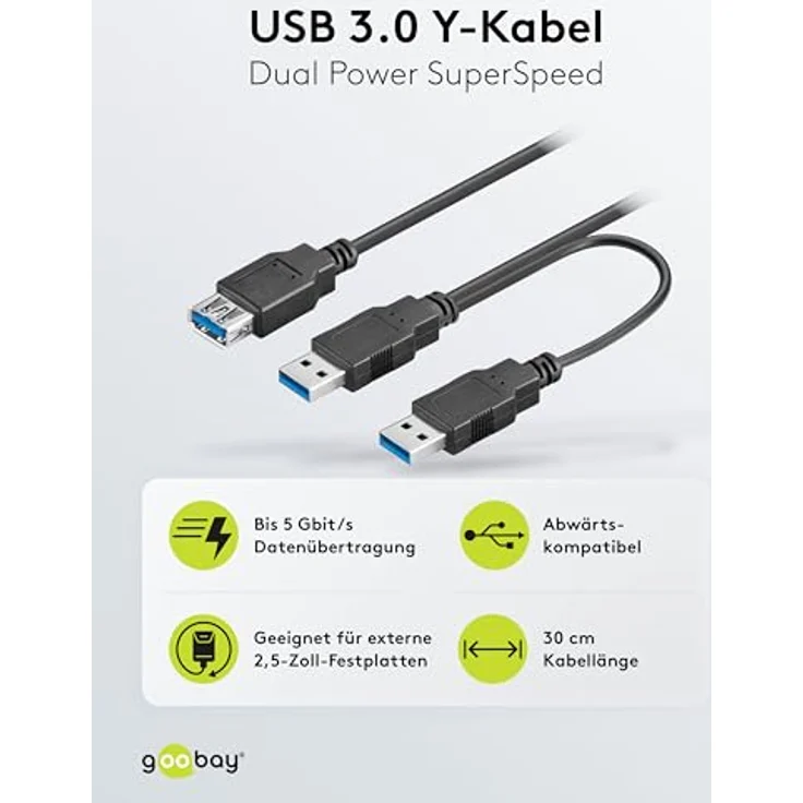 Wentronic goobay - USB- / Stromkabel - USB Type A (W) bis USB Type A (M) - 30cm - Schwarz (95749) – Bild 3