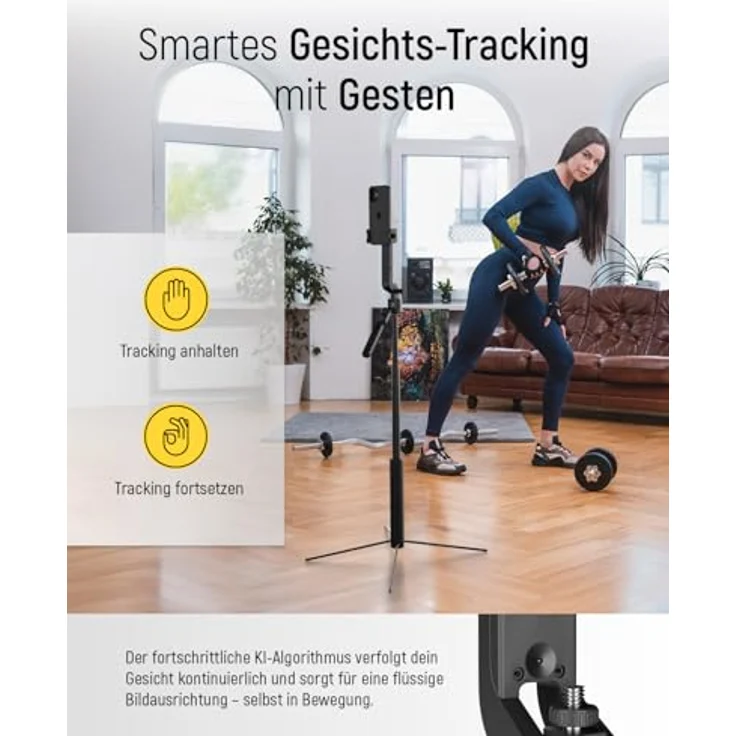 Wozinsky WST-360YS, Selfie Stativ mit Auto Gesichts-Tracking, 360 Grad drehbar, Gestensteuerung, stabile Metallkonstruktion, kompatibel mit Kameras und Smartphones – Bild 4