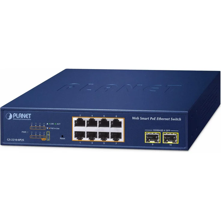Planet 8-Port 10/100/1000T 802.3at PoE Switch, cloud-managed mit 20 Gbit/s Switching-Kapazität, Blau