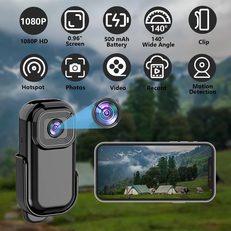 Exlene Tragbarer HD 1080p CMOS Videorekorder, wasserdichte Sportkamera mit Nachtsicht, 140° Weitwinkelobjektiv und WLAN-Hotspot
