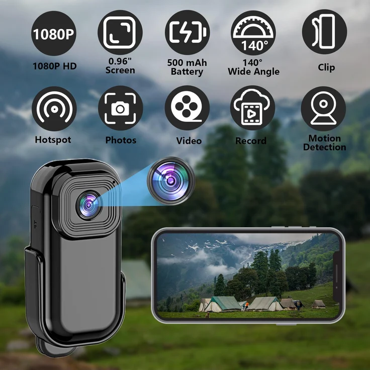 Exlene Tragbarer HD 1080p CMOS Videorekorder, wasserdichte Sportkamera mit Nachtsicht, 140° Weitwinkelobjektiv und WLAN-Hotspot