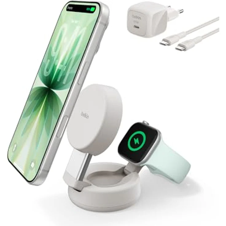 Belkin UltraCharge Pro MagSafe Ladegerät, Induktive 2-in-1 Ladestation mit Qi2.2, 25W Schnellladung für iPhone 17 und Apple Watch Series 10, inkl. 45-W-Netzteil – Sandfarben – Bild 1