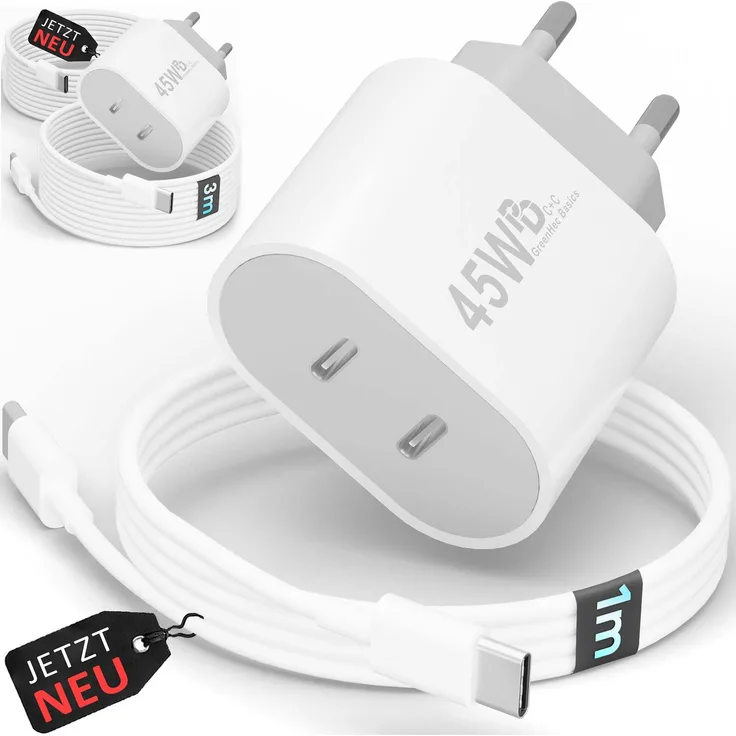 GreenHec 45W USB-C Dual Charger mit GaN-Technologie für Handy, iPhone, Samsung S21-S25, Tablet, iPad - Ladegerät + 2x 1m Kabel