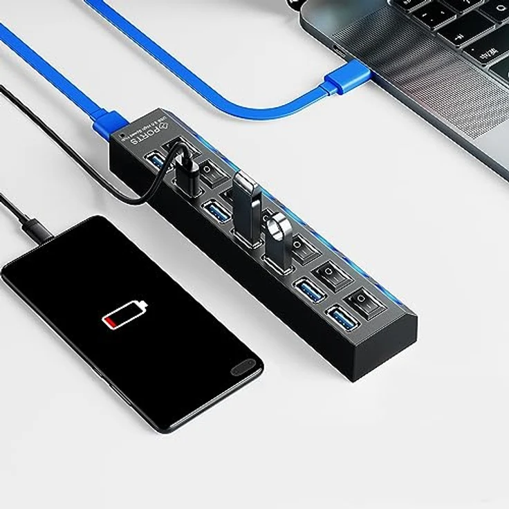 Retoo USB Hub 3.0 7 Port USB Verteiler 5gb/s, Datenhub mit Separater Schalter, Netzteil Port mit Einzelnen LED-Netzschaltern, Kompatibel für Laptop, PC und weitere USB Geräte - Preisvergleich – Bild 5