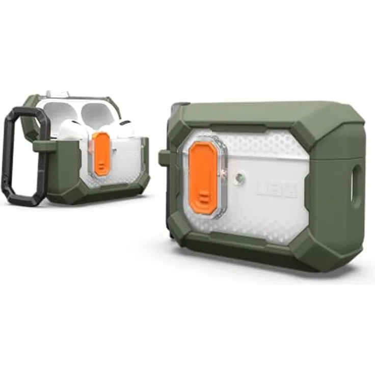 URBAN ARMOR GEAR Plasma Case für Apple AirPods Pro 3 (2025), Wireless-Charging kompatibel, sichtbar LED-Status, abnehmbarer Karabinerhaken, olive/transparent