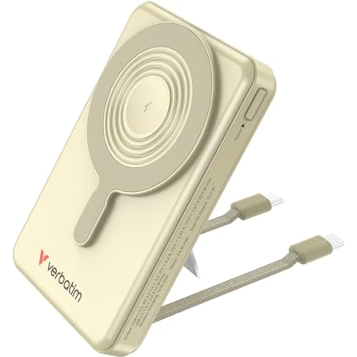 Verbatim Charge 'n' Go MagSafe Powerbank 10000mAh [Gold], 15W magnetisch, PD 22,5W Schnellladung, LED-Anzeige, klappbarer Ständer, inkl. 2 USB-C Kabel für iPhone 17/16/15/14/13/12 Pro – Bild 1