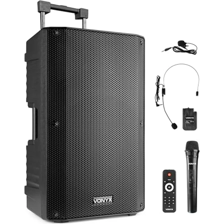 Vonyx VSA500-BP, 12" Tragbares Akku Lautsprecher System mit 800 W Leistung, Bluetooth und zwei drahtlosen Mikrofonen, schwarz – Bild 1