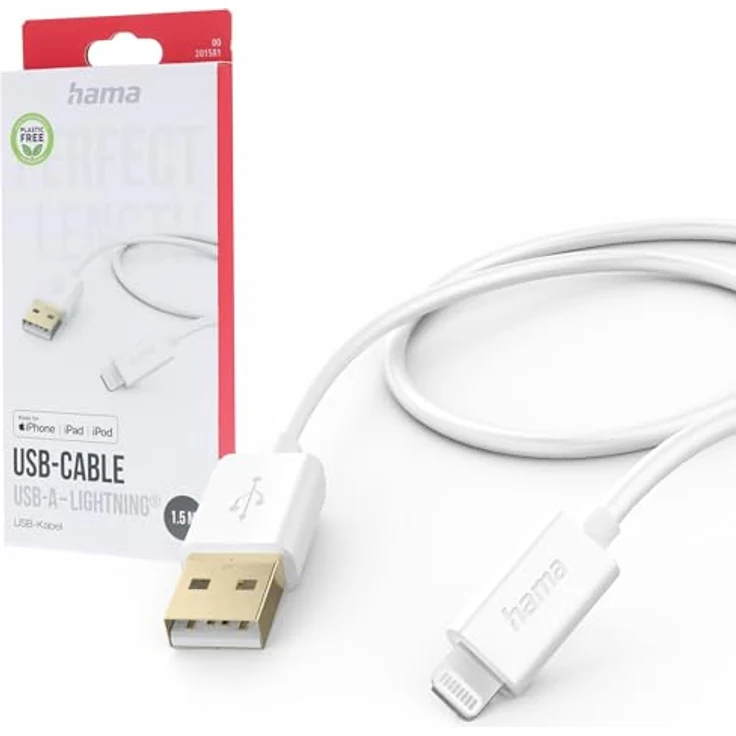 Hama Ladekabel USB-A Lightning 1,5 m Schnellladen Vergoldeter Stecker Weiß – Bild 2