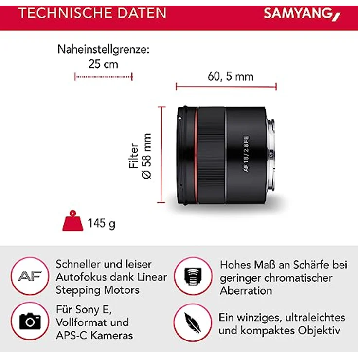 Samyang AF 18 mm F2.8 FE ( Tiny but Super Wide ) ? Autofokus Vollformat und APS-C Festbrennweite Objektiv Sony E E-Mount für Sony Alpha A9 A7 A6600 A6500 A6400 A6300 A6000 A5100 A5000 Nex Kamera – Bild 2