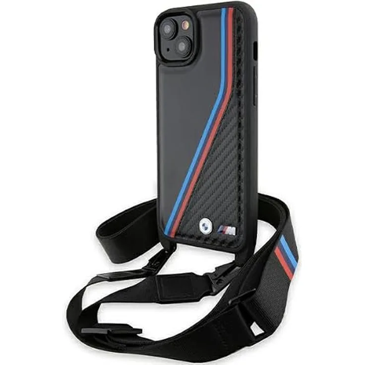 BMW M Edition Carbon Tricolor Lines & Strap Hülle für iPhone 15 / 14 / 13 - Schwarz, sportliches Design, exzellenter Schutz