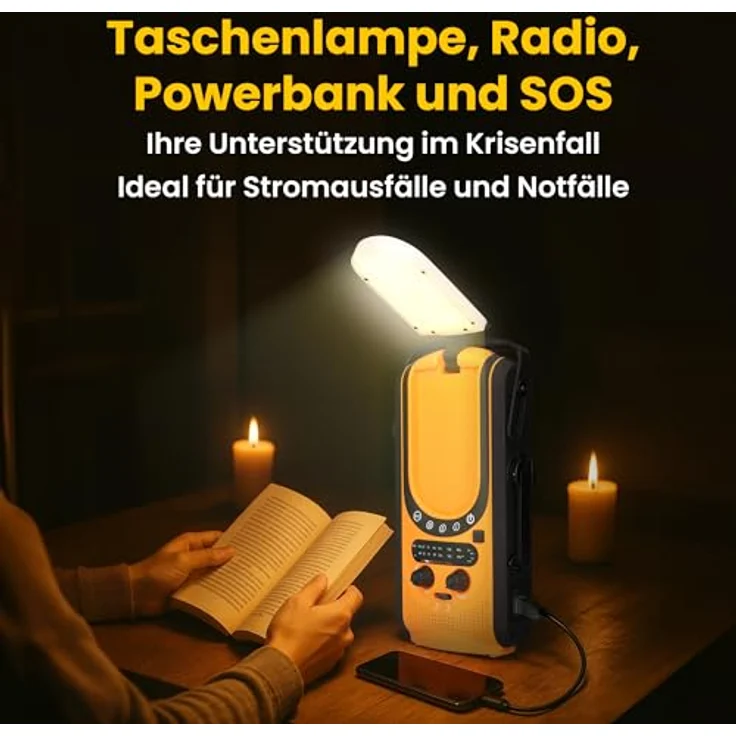 Extralink Power Ranger EPS-6000 Powerbank 6000 mAh UKW-Radio LED-Licht Handkurbel Solarpanel Notbeleuchtung und SOS-Alarmsystem, Schwarz/Gelb – Bild 6