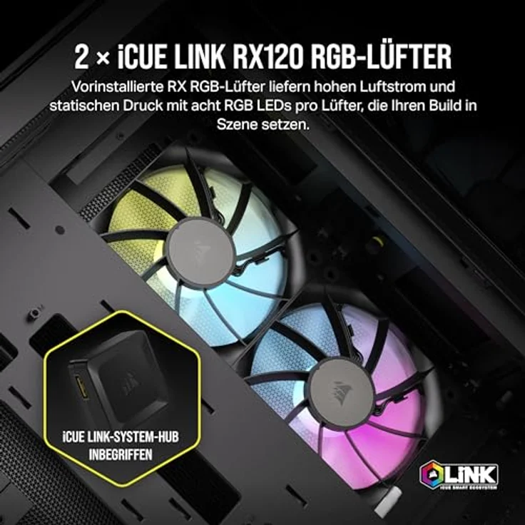 Corsair iCUE Link 2500X RGB gehärtetes Glas mATX Mid-Tower PC Gehäuse - Dual Chamber Design - 2X RX120 RGB Lüfter - Reverse Connection Motherboard, Schwarz – Bild 4