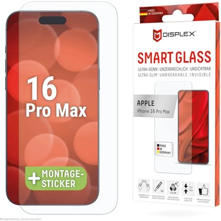 Displex Schutzglas für Apple iPhone 16 Pro Max, kratzer-resistente Schutzfolie, hüllenfreundlich (Smart Glass Ultra-Slim) – Bild 1