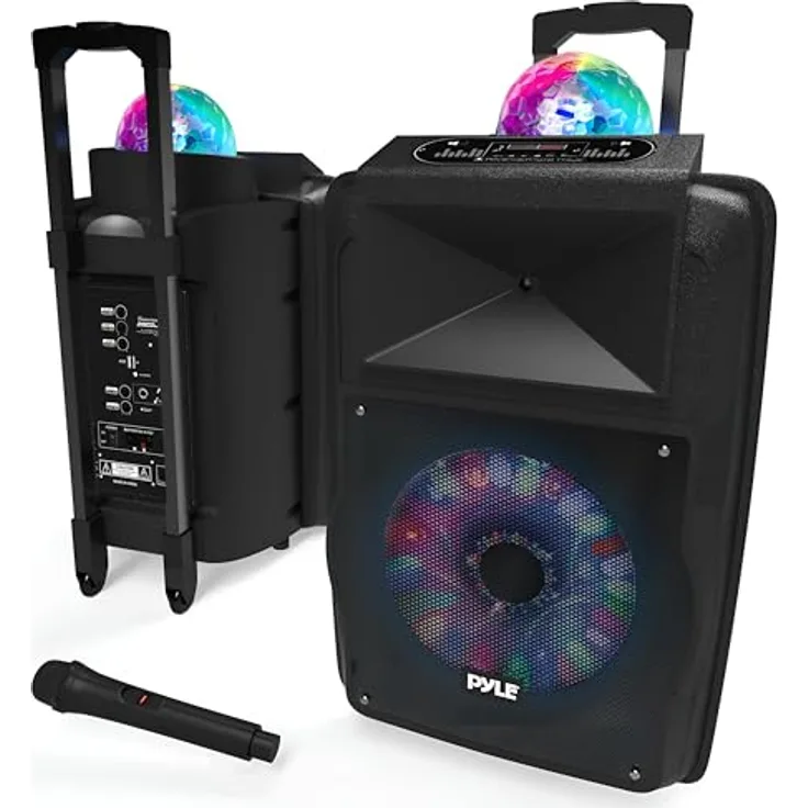 Pyle PSUFM1280B, Aktiver PA Lautsprecher mit 700 Watt, Bluetooth, Subwoofer 12 Zoll, tragbar mit Rädern und Mikrofonset, Schwarz
