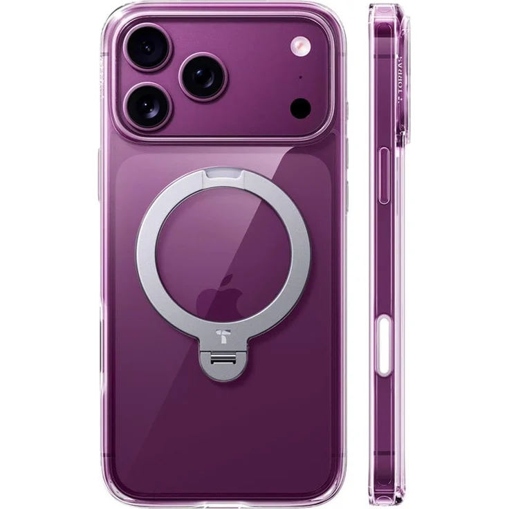 Torras Ostand Q3 Spin, transparente Handyhülle für iPhone 18 Pro mit 360° drehbarem Standfuß, MagSafe-kompatibel, strukturiertem Rahmen und erhöhten Kanten