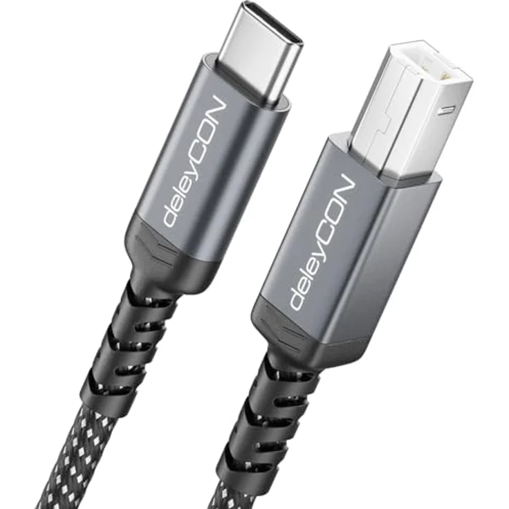 deleyCON 3,0m USB-C auf USB-B Druckerkabel, geflochten mit Metallsteckern, bis zu 480 Mbit/s, kompatibel mit HP, Samsung, Epson, Dell, Lexmark, Brother, Canon – Bild 1