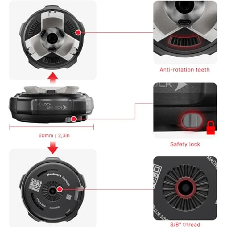 Manfrotto XCHANGE Base, Schnellwechsel-Basis mit 3/8" Gewinde, Tragkraft bis 20 kg, kompatibel mit XCHANGE Platten und Köpfen, für Foto & Video – Bild 4