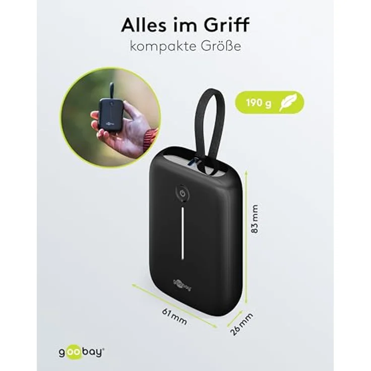 goobay Powerbank 10.000 mAh, mit integriertem USB-C Kabel, Quick Charge/Power Delivery, 2x USB-C und 1x USB-A, kompatibel mit Samsung, Xiaomi, Lenovo, Huawei, Apple iPhone und iPad, 76251 – Bild 4