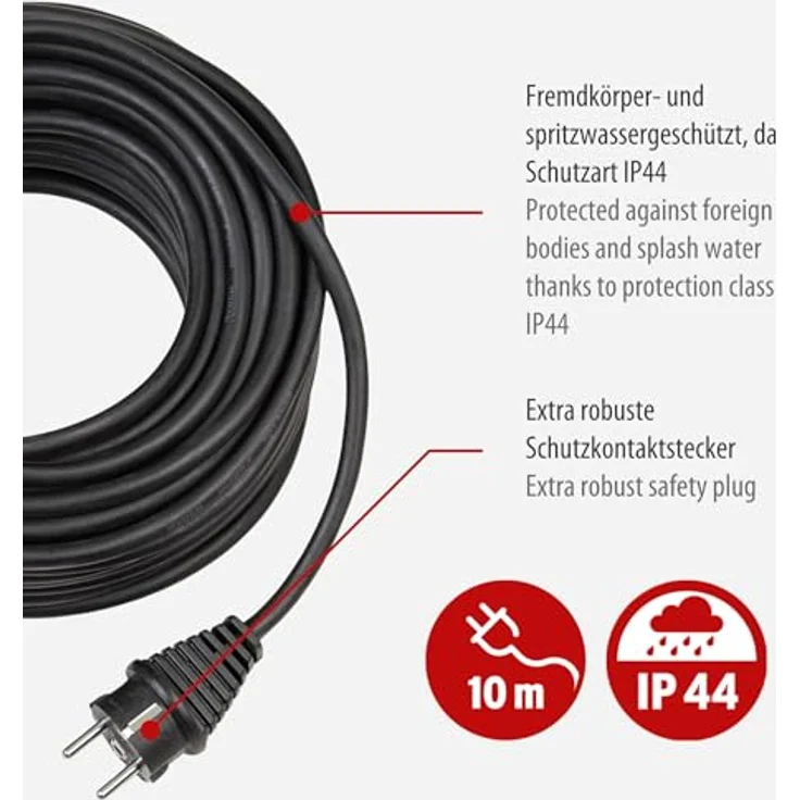 Brennenstuhl Qualitäts-Gummi-Verlängerungskabel 10m (IP44, Kabel für außen) schwarz – Bild 3