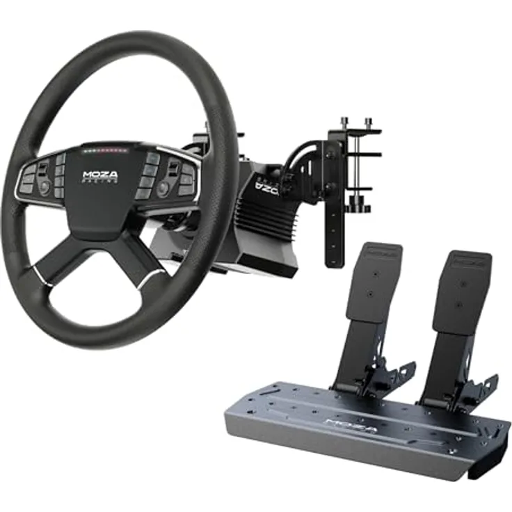 MOZA RACING Truck Driving Simulator Bundle, Gaming-Zubehör mit R5 Direct-Drive-Basis, 400 mm Trucklenkrad, programmierbaren Tasten und SR-P Lite Pedalen, Schwarz