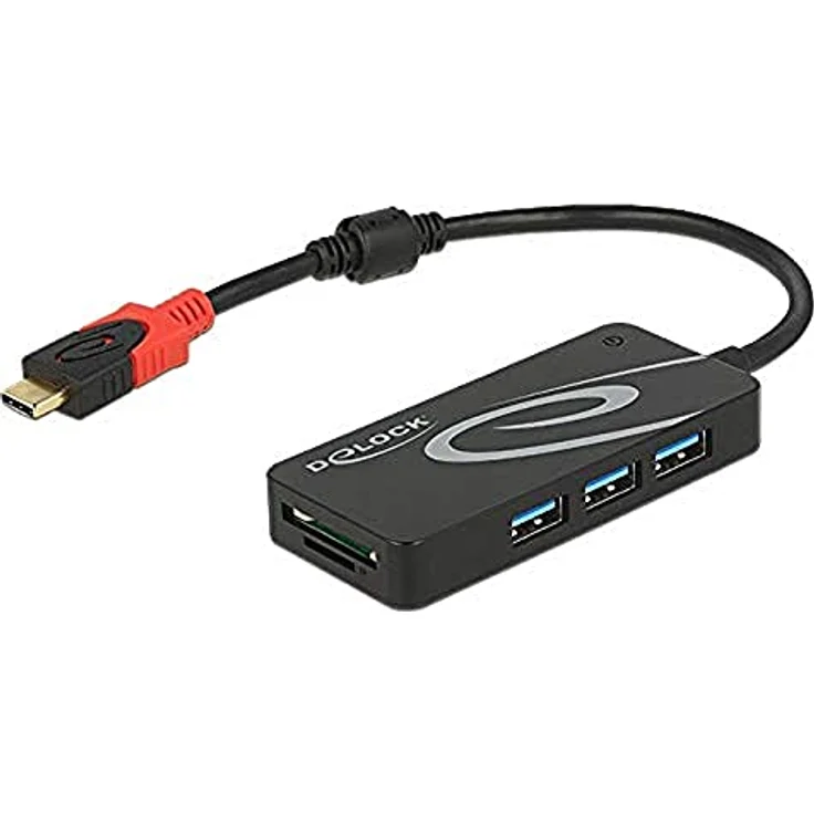 DeLock Externer USB 3.1 Gen 1 Hub USB Type-C > 3 x USB Typ-A + 2 Slot SD Card Reader schwarz