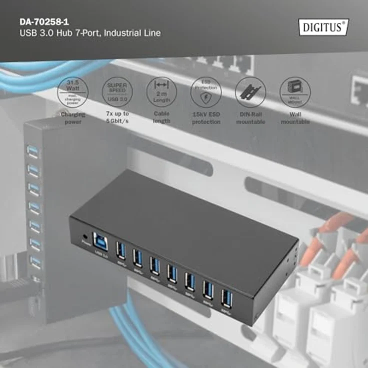 DIGITUS USB-Hub - 7 Ports - USB 3.0-5 Gbit/s - 15 kV ESD-Schutz - Hutschienenmontage - Industrial Serie - Schwarz – Bild 5