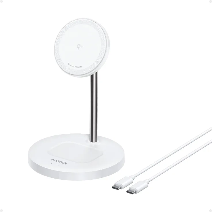 Anker MagGo Wireless Ladegerät 2-in-1 Ständer, 15W Hochgeschwindigkeitsladung, Qi2 zertifiziert, faltbar, Weiß